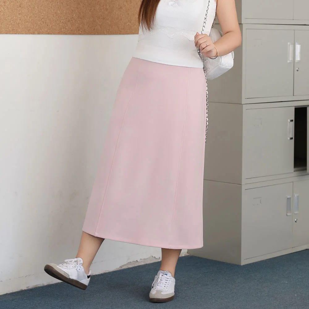 Pink Mid-Length high-waisted A-Line Skirt Plus Size Women Premium Sweet Younger Long Skirt 9239
