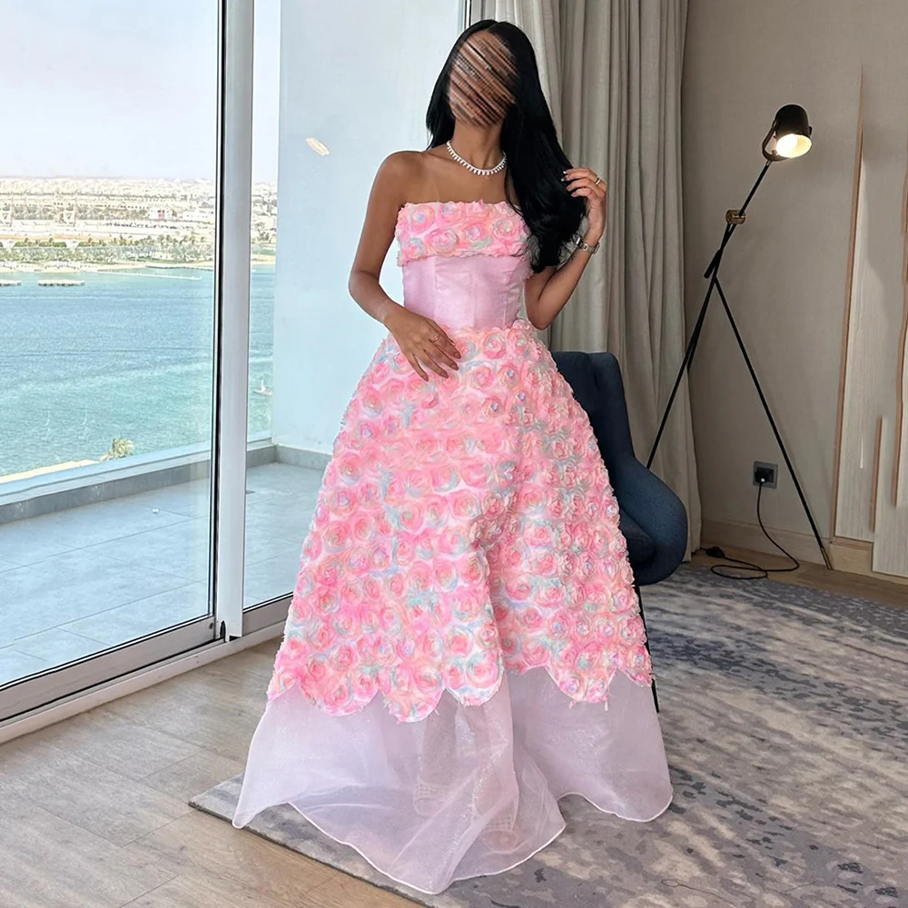 

3D Appliques Sleeveless Illusion A-line Backless Temperament Evening Party Dresses Sexy Strapless Prom Gown فساتين الحفلات