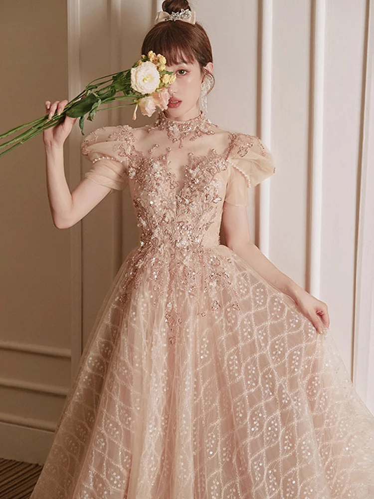 

New Evening Dresses Retro Chic Pearl Beading Puff Short Sleeve Princess Dress Light Luxury Temperament A-Line Prom Gown