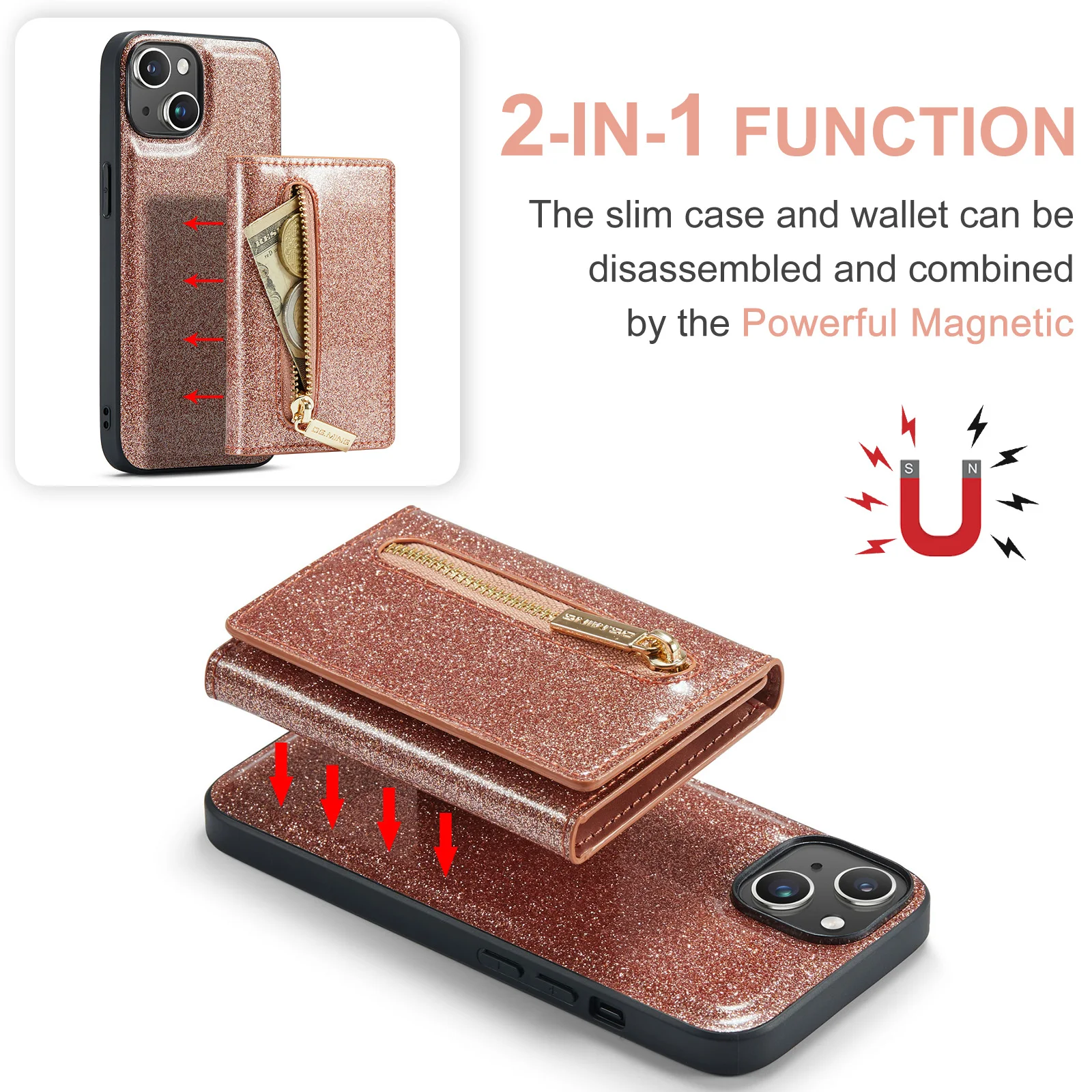 DG.MING 2in1 Magnetic Case PU Leather Case Divide Wallet Bag Back Cover for  IPhone 15 Plus 11 12 13 14 15 Pro Max XS Max XR 7 8 - AliExpress