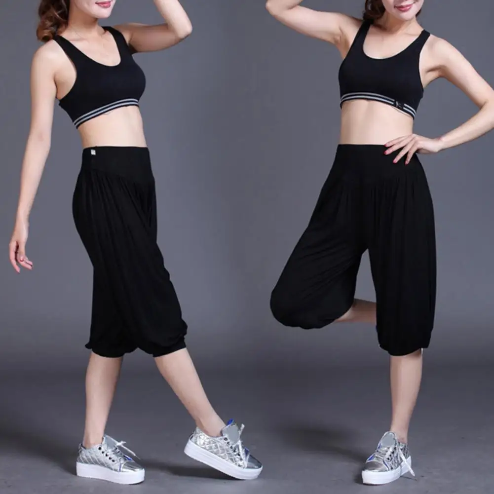 Women Summer Modal Yoga Cropped Pants Wide Elastic Waistband Dance Performance Wide Leg Pants Bloomers 2