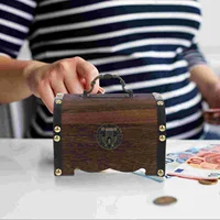 Vintage Wooden Coin Box With Lock Money Saving Box Piggy Bank Wooden Keepsake Box Treasure Chest Decorative Storage Box For Kids 2