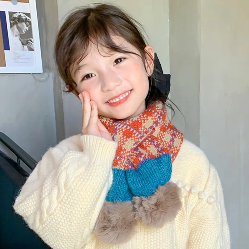 Fashion Checkered Knitted Children's Scarf Winter Warm Windproof Cute Boys and Girls Neck Cover Scarves Clothing Accessories