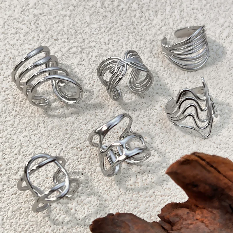 Chic Multilayer Twist Metal Linearity Geometric Rings for Women Men Stainless Steel Ripple Irregular Finger Ring Unisex Jewelry