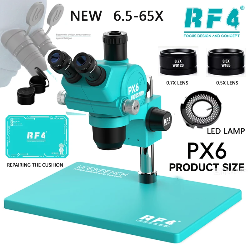 RF4 PX6 6.5-65X 삼안 실체 현미경 HD 4K 카메라 전자 수리용 마더보드 PCB 용접 결함 감지 도구
