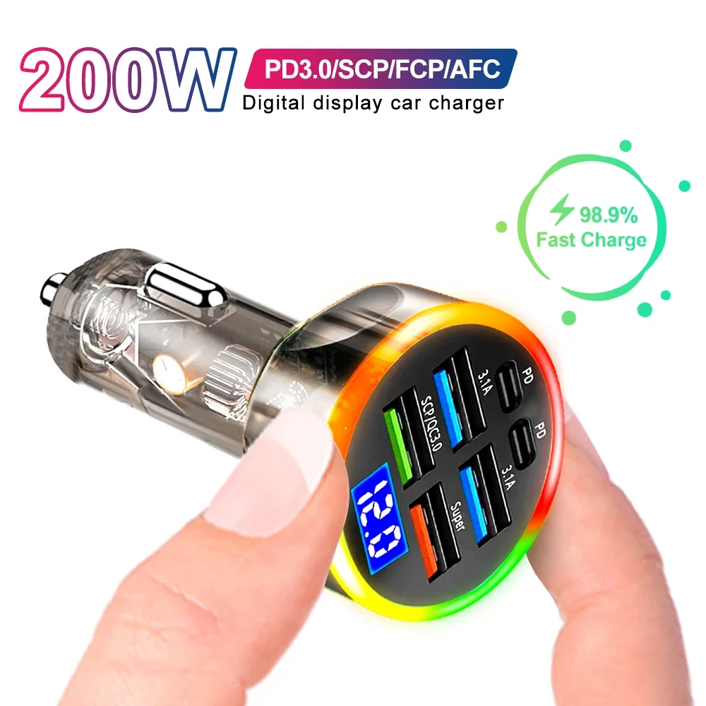 High-Power Multi-Port Car Charger with Digital Display - Super Fast 200W Charging