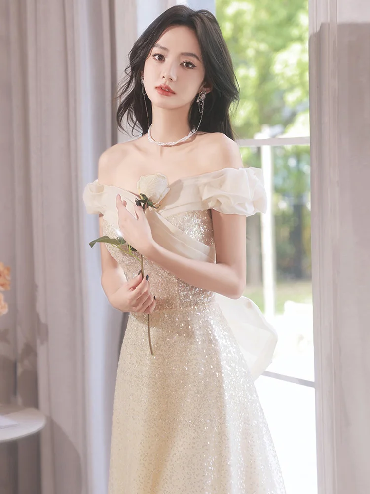 

Светильник кие Роскошные вечерние платья, новинка 2022, темпераментное банкетное платье до пола с вырезом лодочкой, платье знаменитости с блестками и бантом