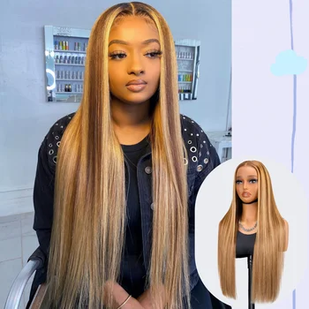 Blonde Highlight Straight HUman Hair Ombre Wig 200% Density 4/27 Honey Blonde 13x4 Lace Front Straight Wigs Human Hair For Women 1