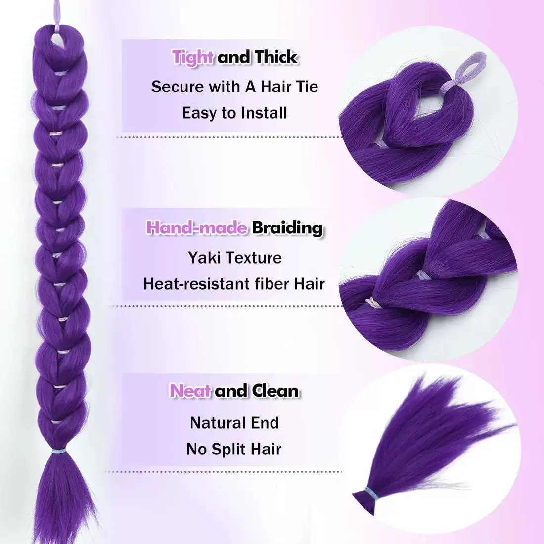 26 inch Purple Braids Ponytail Rubber Band Pre Braiding Hair Synthetic Purple Hair Extensions for Halloween Costume Cosplay