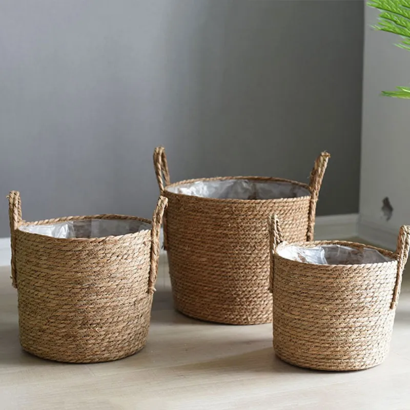 

Nordic Straw Weaving Flower Plant Basket Grass Planter Indoor Outdoor Handmade Woven Storage Basket Garden Pot Covert Container