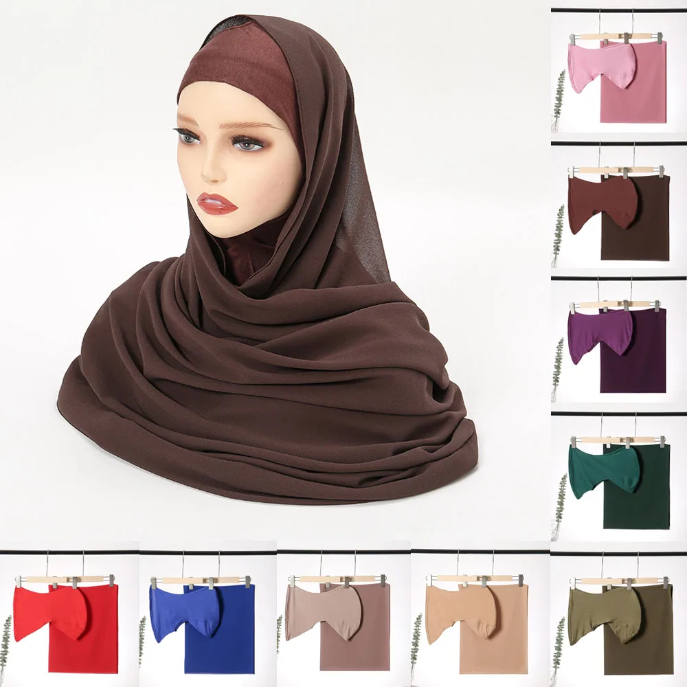 

Muslim Women Veil Turban Bonnet Set 2 Piece Set Chiffon Islamic Instant Scarf with Undercap Neck Attached Ramadan Headwrap Shawl