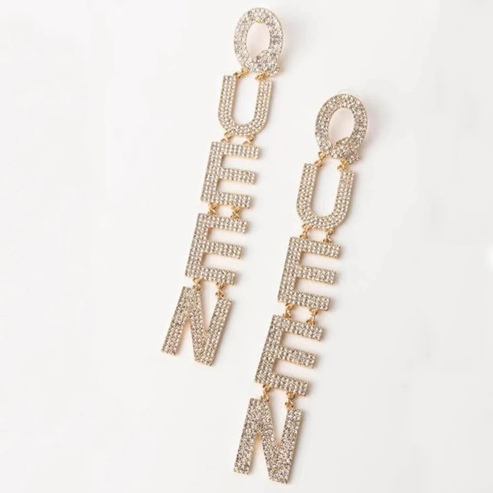 2022 Exaggerated Queen Rhinestone Earrings for Women Fashion Long Letters Pendant Earring Fashion Shiny Party Costume Jewelry