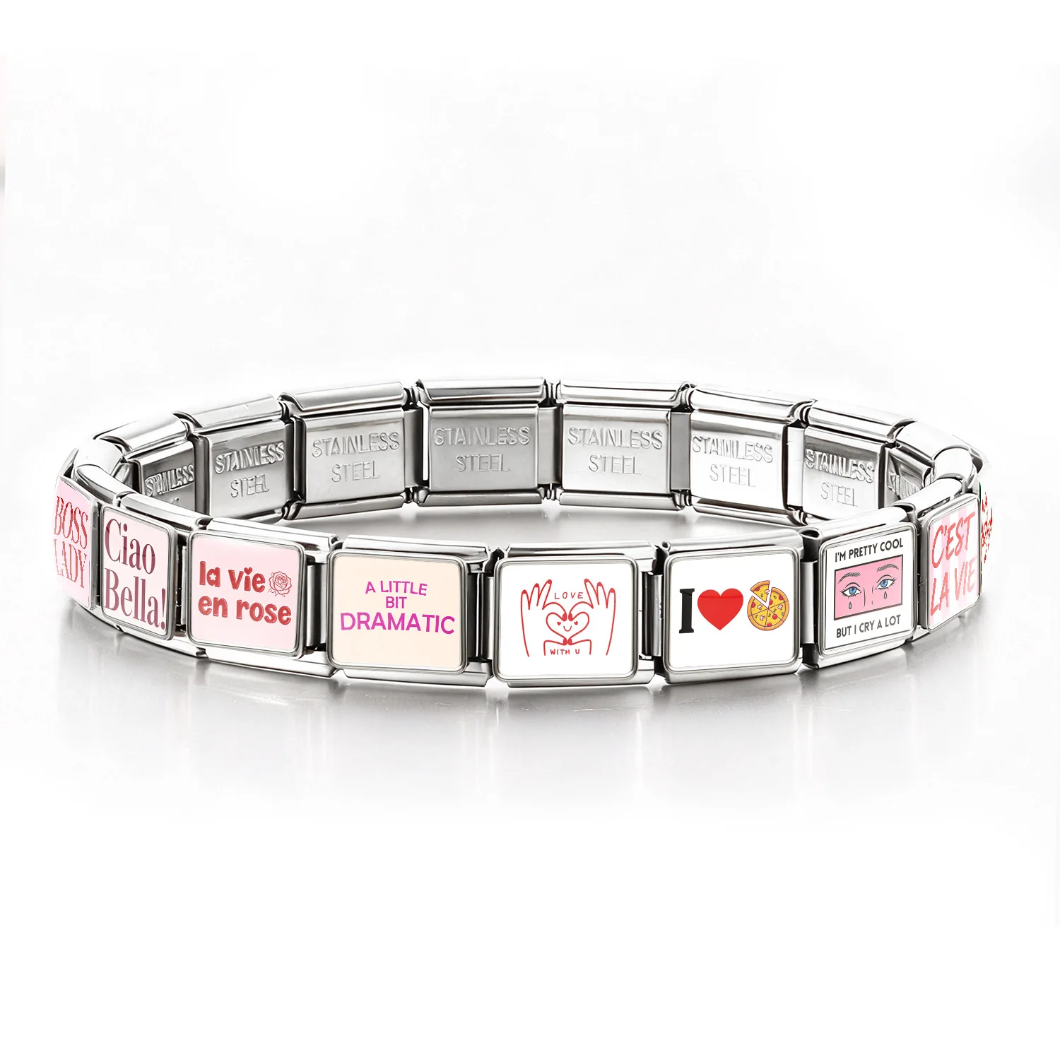 GEMOSA Regenbogenfarbener Charm-Link, passend für 9 mm italienisches Armband, trendige klassische englische Wörter, Edelstahl, Schmuckherstellung, DIY-Perlen – Detail 3