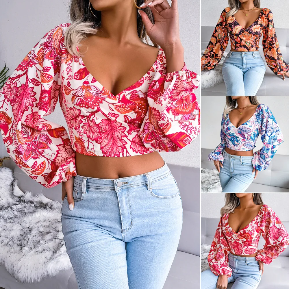 Spring And Summer Women's V-Neck Lantern Long-Sleeved Floral Chiffon Shirt Holiday Style Exposed Navel Top Lady Fashion Tops