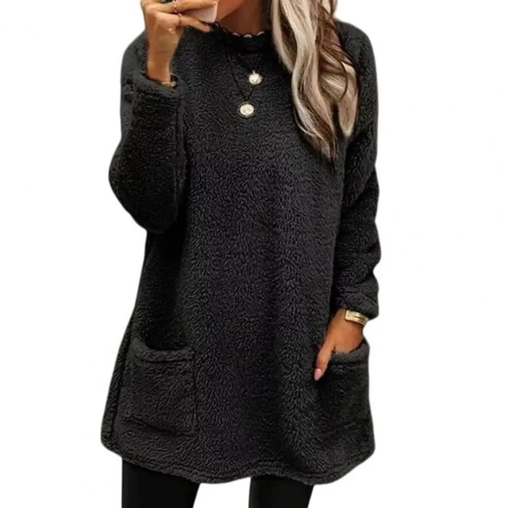 

Soft Flannel Fabric Sweater Warm Winter Fleece Shearling Jackets Stylish Mid-length Outwear For Women With Hoodie Pockets Coat