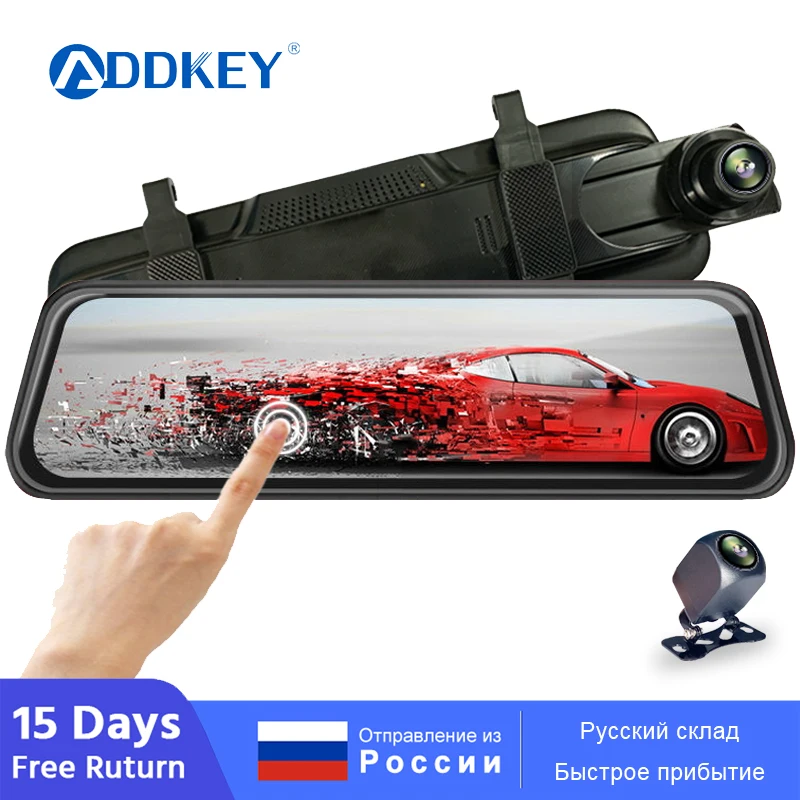 ADDKEY 10" Car DVR Touch Screen Stream Media 1080P Front/Rear Camera Dash cam Auto Video Recorders Rearview Mirror Backup cams