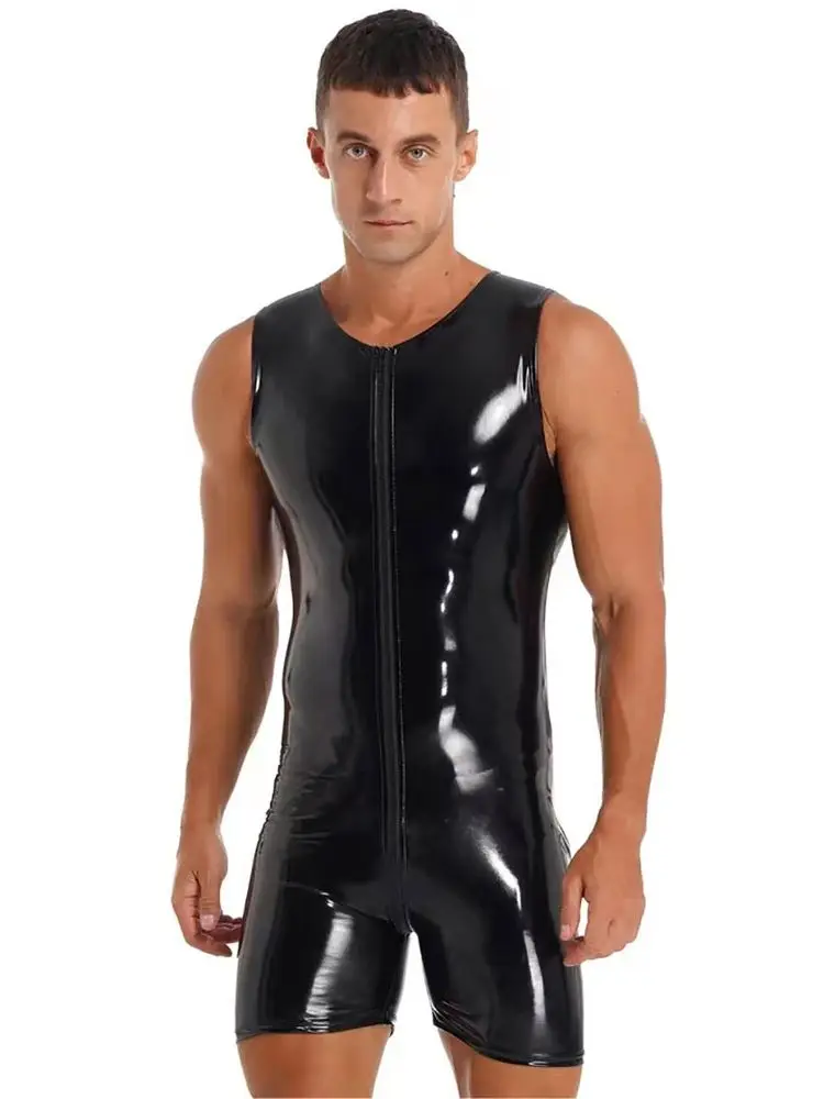 

S-7XL Sleeveless Wet Look PVC Playsuits Catsuit Shiny PU Leather Zipper Open Crotch Bodysuit Tight Sexy Hot Shapers Bodybuilding