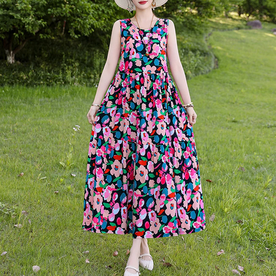 New Fashion Summber Casual O-Neck Women Dresses Women Clothing Print Women  Sleeveless Plus Size