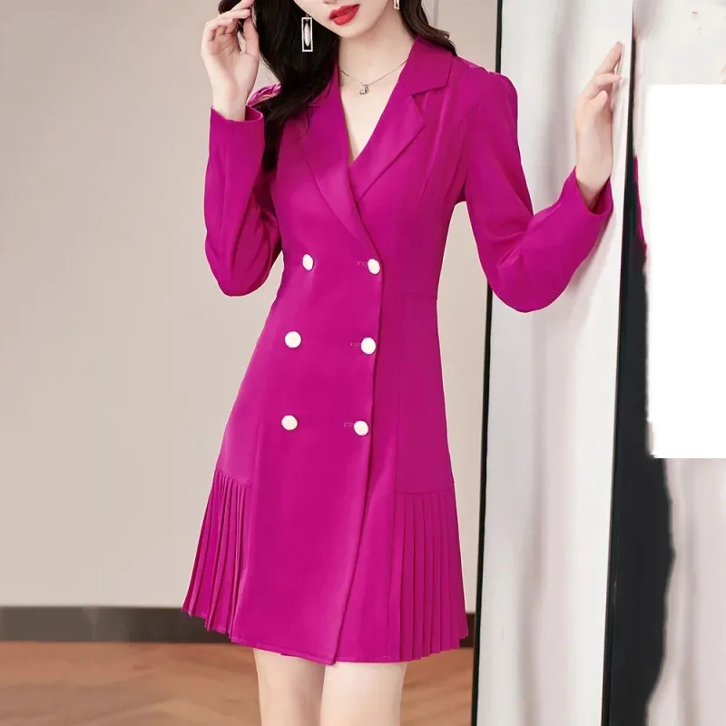 

New Female Suit Dress Spring Autumn Rose Red Long Sleeve Pleated Dresses Professional Women Office Dresses Double-Breasted Black