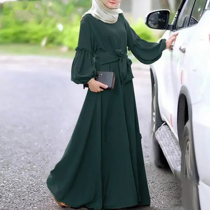Muslim Abaya Dress Dubai Solid Color Long Sleeve Ruffled Casual Dresses for Women Islamic Kaftan Robe Femme Musulmane Vestidos