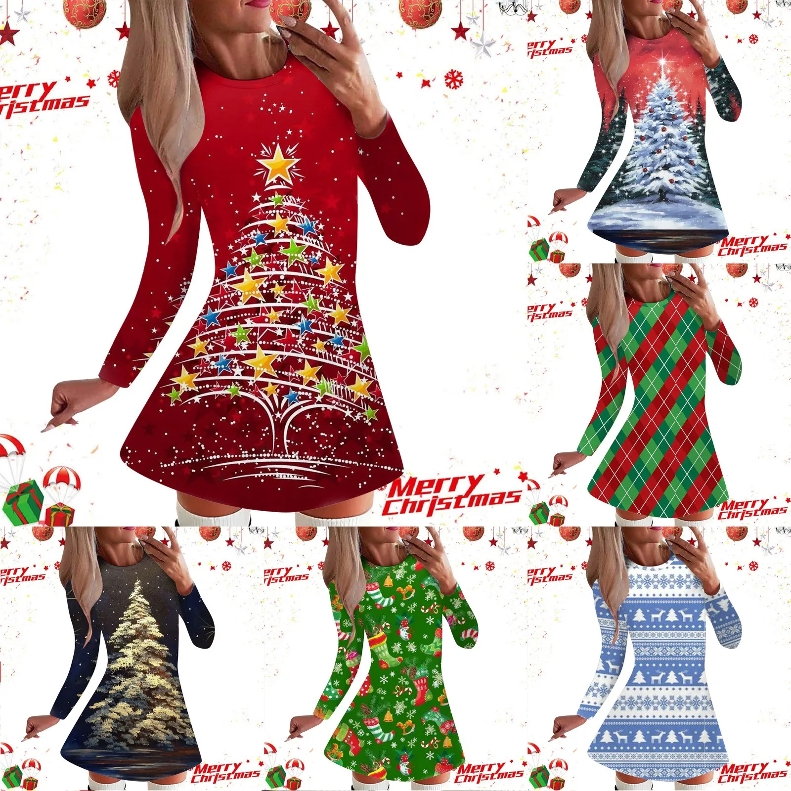 

Women's Fashion Casual Christmas Dress Long Sleeved Printed Round Neck Party Christmas Snowflake Dress Long Sleeve Long Dress