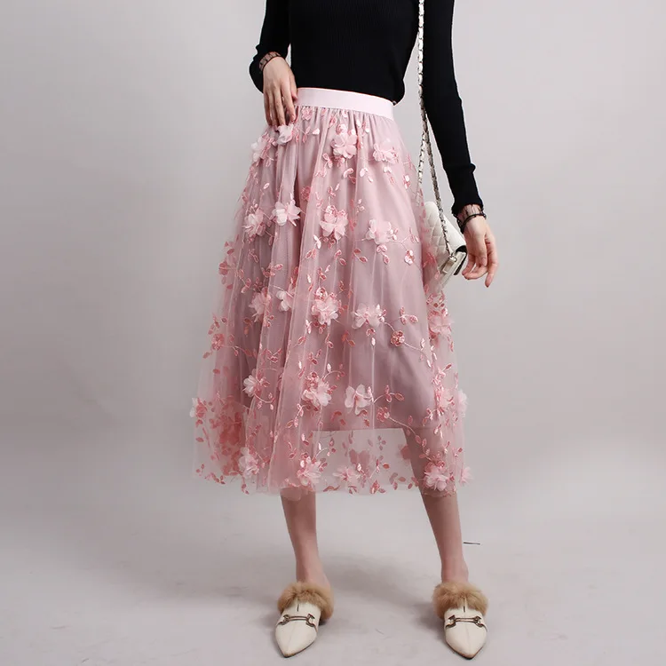 2022 High Waist Heavy Industry Embroidered Flower Mesh Skirt Elegant Fairy Dress In Autumn And Winter Gift Dress mini skirts for women Skirts