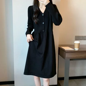 Abbigliamento autunnale da donna Nuovo stile delicato che abbraccia la vita Abito nero di fascia alta sottile e alla moda per piccole persone 1