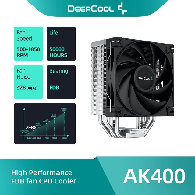 DeepCool AK400 Performance CPU Cooler, 4 Direct Touch Copper Heat Pipes,  120mm Fluid Dynamic Bearing PWM Fans, 220W TDP, Black 