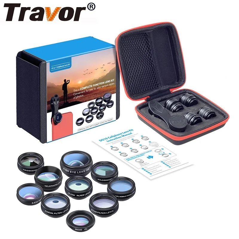 Travor 10 In 1 Phone Lens Kit Camera Lens Fisheye Wide Angle Macro Lens CPL Filter for Iphone Xiaomi Samsung Android Smartphone