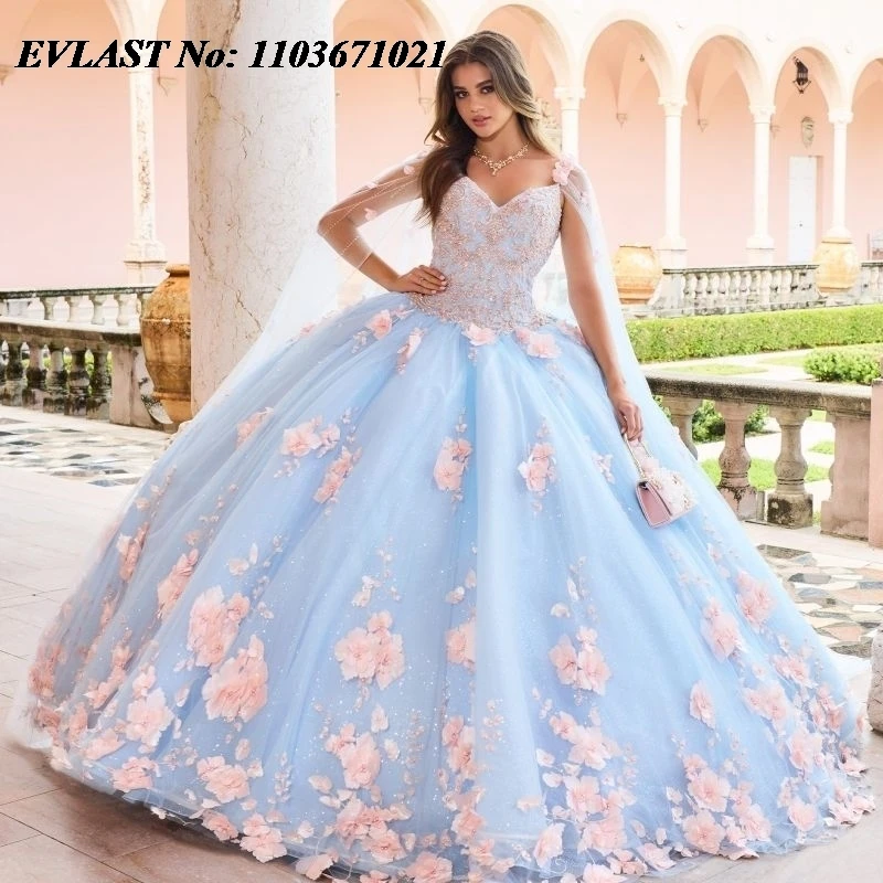 Evlast Mexican Blue Quinceanera Dress Ball Gown 3D Pink Floral Applique Perline Con Cape Sweet 16 Vestidos De Xv 15 Anos Sq20