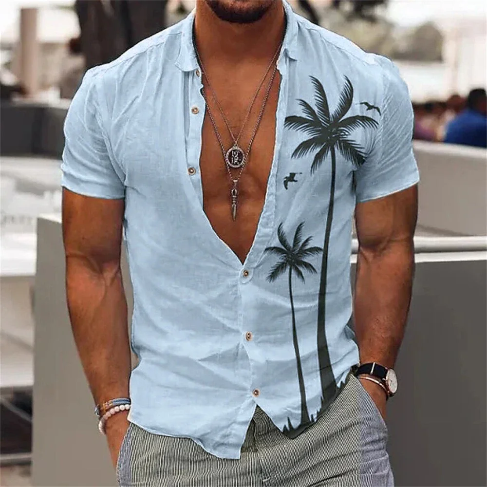 2023 Coconut Tree Beach Vacation Party Men's Shirt Cotton Summer Shirt Men's Hawaiian Shirt Casual Fashion Street Short Sleeves
