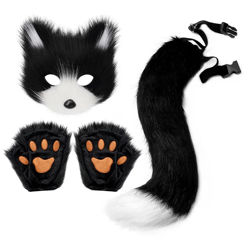 3pcs Fluffy Fur Fox Tail Keychain Cat Paws Gloves and Wolf Therian Mask Set for Halloween Cosplay Costume Accessories halloween costume accessories
