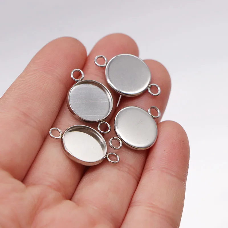 100pcs/lot Inner 12mm Stainless Steel Connector Setting Cabochon Base Cameo Bezel Two Loop Round DIY Jewelry Making Components