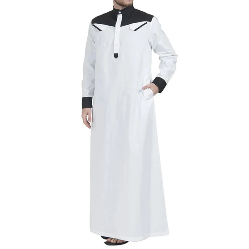 Fashion Men Loose Muslim Thobe Kaftan Full Sleeve Standing Neck Robe Long Arab Saudi Jubba Dishdas Tunic Top Clothing For Man muslim robe hoodies dressing mens saudi arab long sleeve thobe jubba thobe kaftan long islamic jubba thobe man clothing hiphop