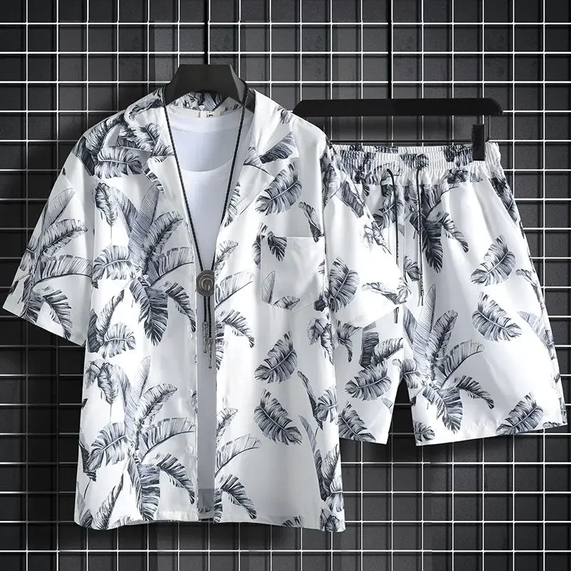 thumbnail image 1 of Conjuntos de camisas para hombre, conjuntos de playa blancos, conjunto de 2 piezas, conjunto coreano de dos camisetas, pantalones cortos, trajes para hombre, elegantes, 5xl, elásticos, sueltos, fresco, 1 of 5