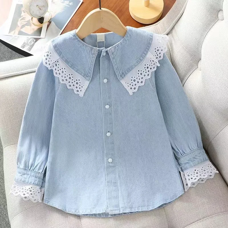 

Girl's Denim Shirt Spring and Autumn New Style Girl's Middle and Large Children's Doll Collar Lace Lace Top Girl's Spring Shirt
