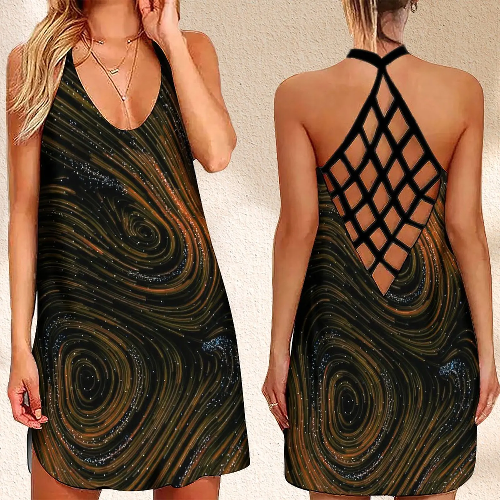 

Fashion Women's Criss Cross Backless Sleeveless Dress Summer Bronzing Stripes Print Dress For Woman
