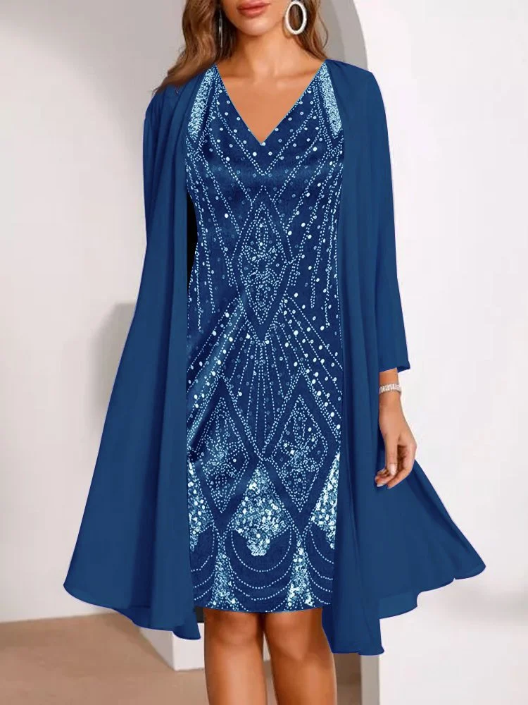 

Ladies Long Sleeve V-Neck Casual Dress Suit Spring And Autumn Chiffon Two-Piece Long 3D Digital Printing Chiffon Dress