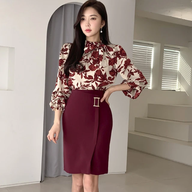 Fashion 2 Piece Outfit Elegant Women Temperament Formal Casual Floral Tops  Shirt Blouse Bag Hip Midi Skirt Mujer Femme Slim Sets - Dress Sets -  AliExpress