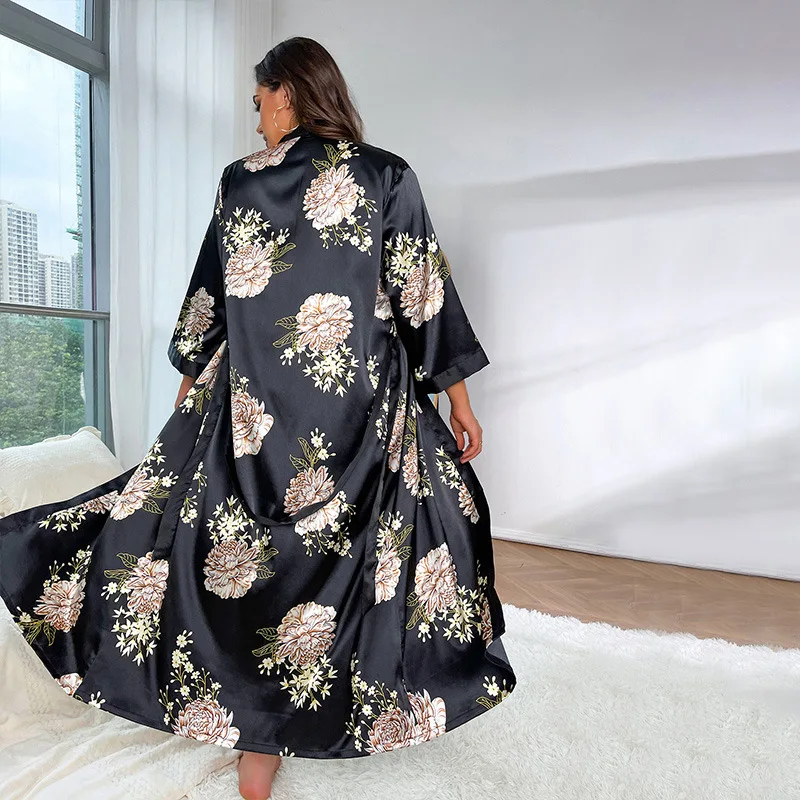 Large Size Robe Women Satin Print Flower Kimono Bath Gown V-Neck Sleepwear Gray Bathrobe Nightgown Summer Loungewear With Belt Women Sleepwear