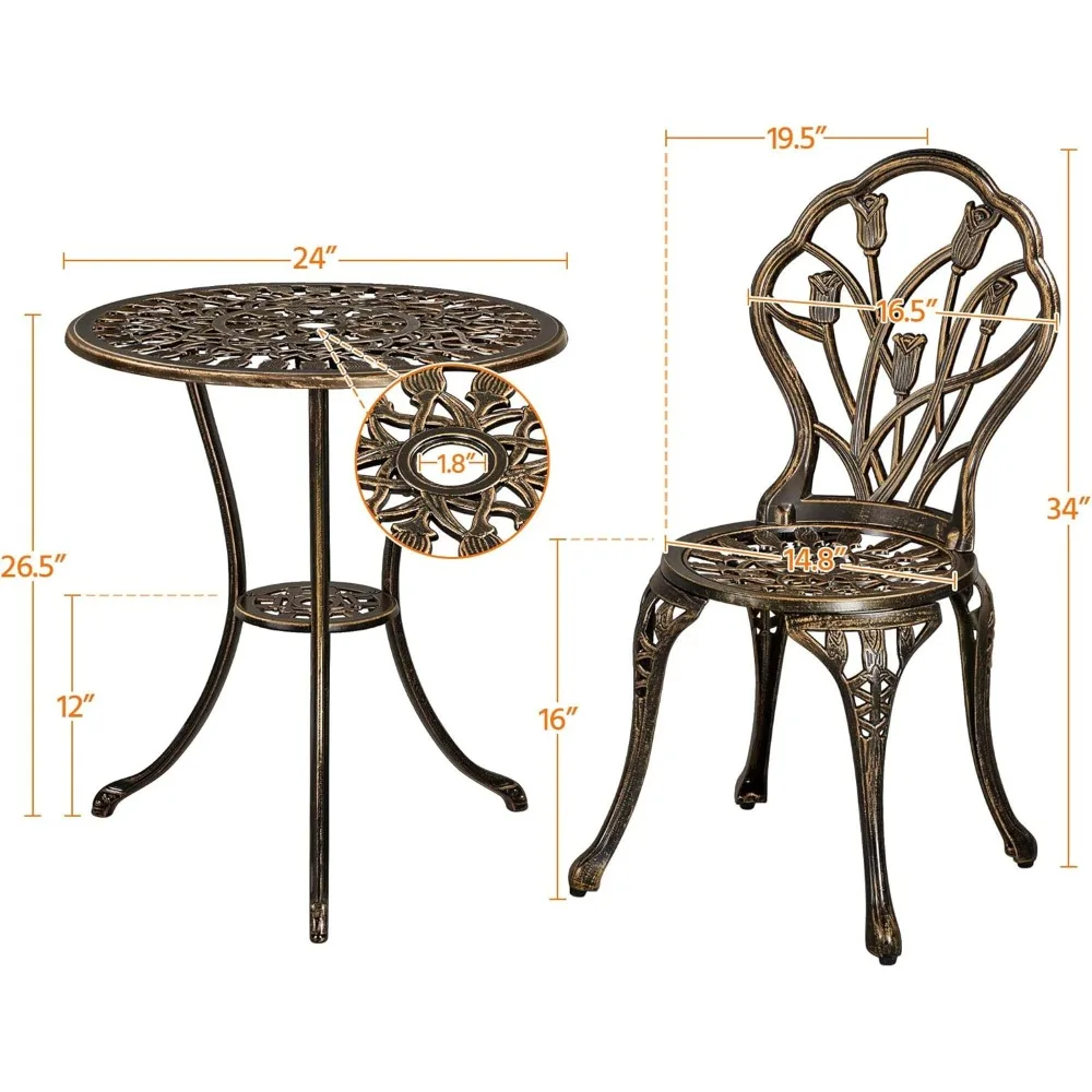 3-Piece Outdoor Patio Bistro Set with Rust-Resistant Cast Aluminum Table and Chairs in Bronze Finish