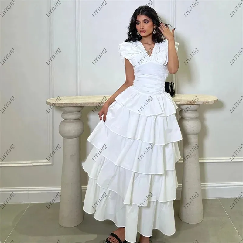 

LIYYLHQ Saudi Arabia A-line V-Neck Evening Dresses Chiffon Draped Tiered Ruched Prom Dress Bespoke Occasion Gown Midi Dresses