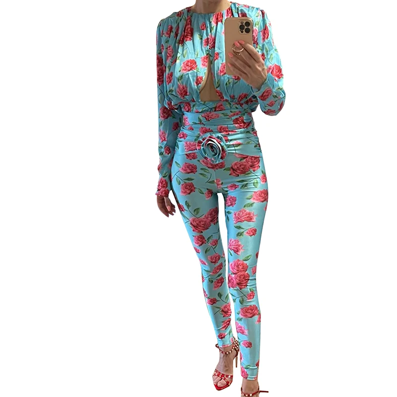 

2023 Women's Floral Print Three-Dimensional Floral O-Neck Long Sleeved Hollow Out Sexy Top+Slim Fitting Leggings Casual Pants