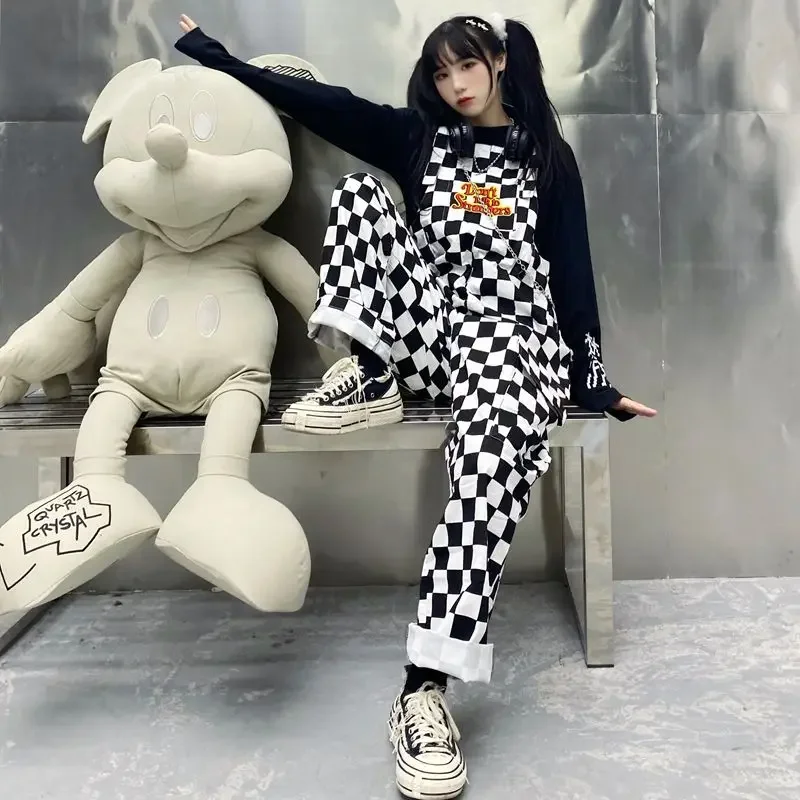 Casual Harajuku Girl Cow Print Black and White Check Overalls Overalls Trousers Street Hip-hop Baggy Pants Female Fun Suspenders