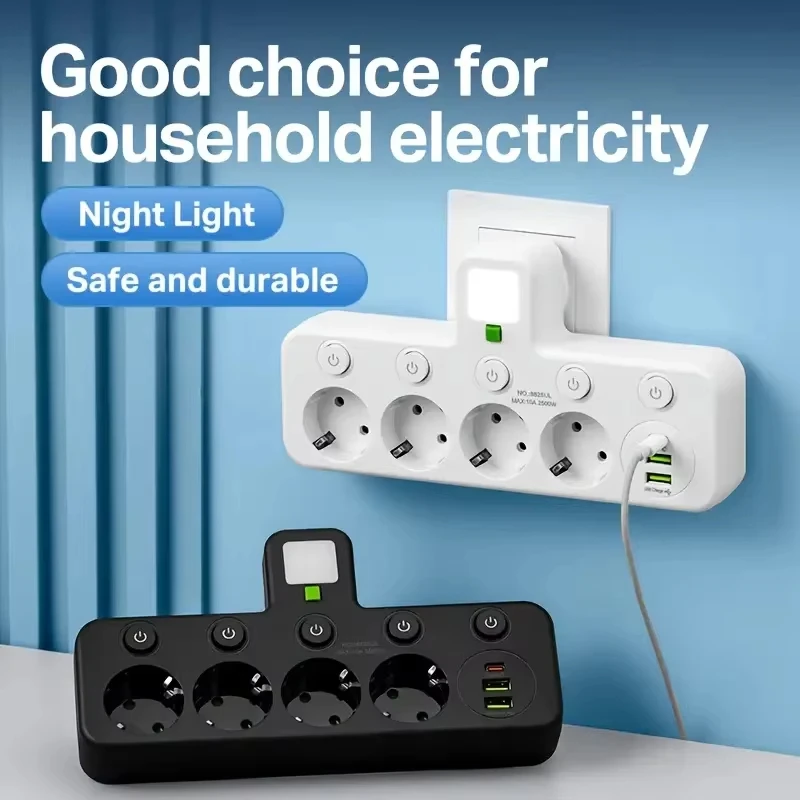 European Power Strip with USB & Type-C Ports, Independent Switch, and Night Light