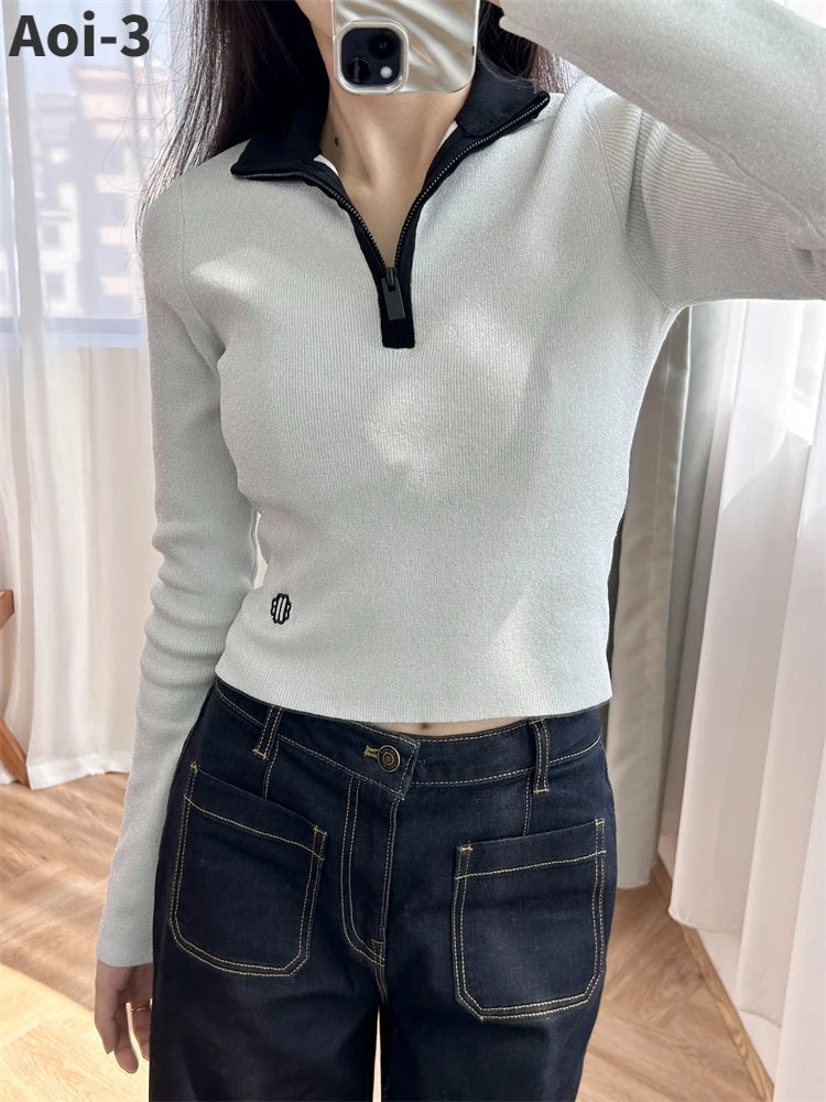 

Fashion Knitted Sweater Women 23 Autumn Winter Contrast Color Half-High Collar Slim Top Zipper Embroidered Long-Sleeved Pullover