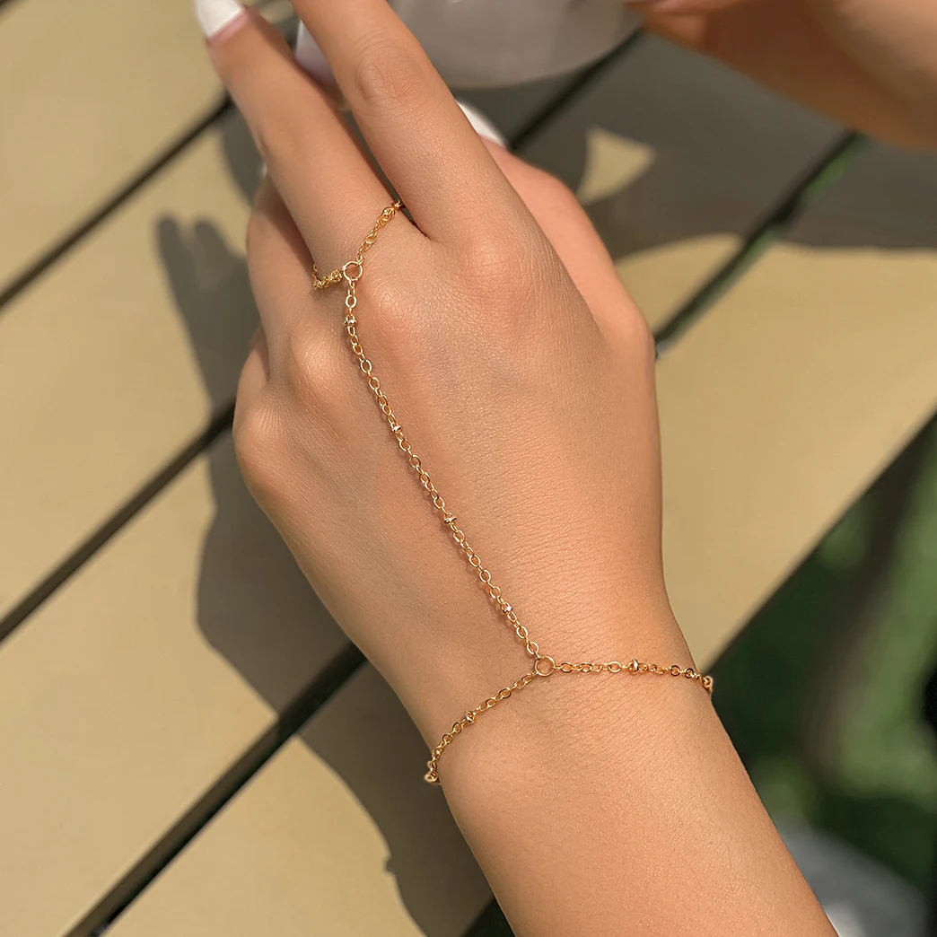 Creative Simple Tiny Ball Chain Finger Ring Bracelets for Women Wed Bride Boho Connected Hand Harness