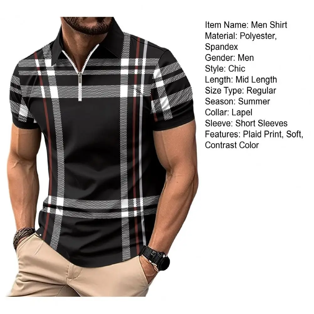 Comfortable Men Shirt Men Business Shirt Stylish Men's Summer Shirt with Lapel Zipper Plaid Striped Print Slim Fit Short for Men
