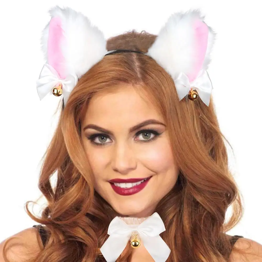 Cat Ear Headband Necklace Plush Furry Cat Ears Headwear for Women Girls Party Cosplay 1Set costume headband