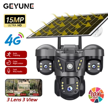 3 Lens 4G Solar Camera HD 15MP 8K Outdoor PTZ Waterproof Night Vision Two-Way Audio V380 Camera Mobile Tracking CCTV IP Camera